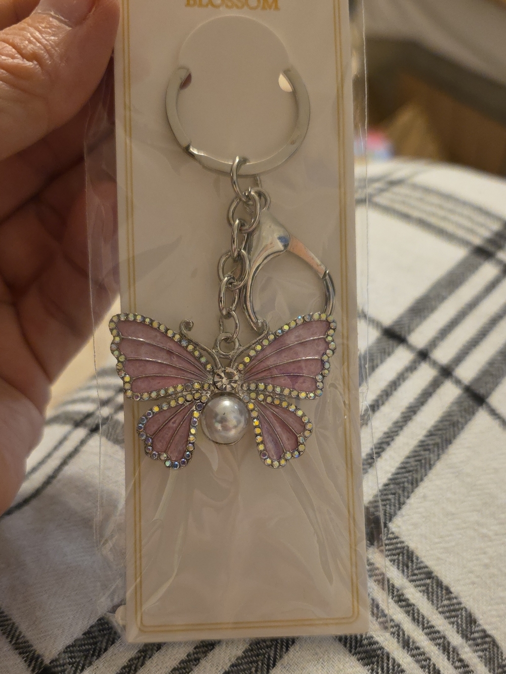 Pink Butterfly Keychain with Pearl Accent